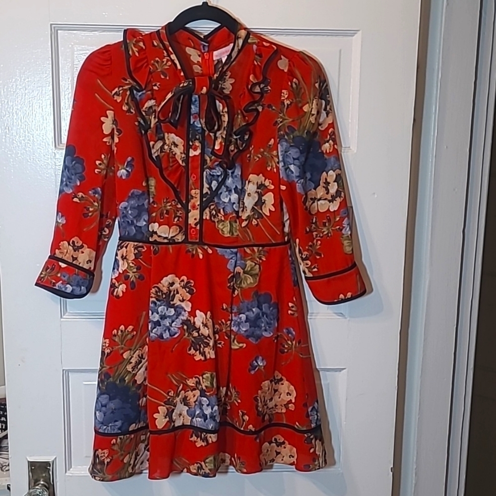 RE:Named Scarlet Red Floral Mod Boho Mini Dress Women’s Small - Picture 2 of 15